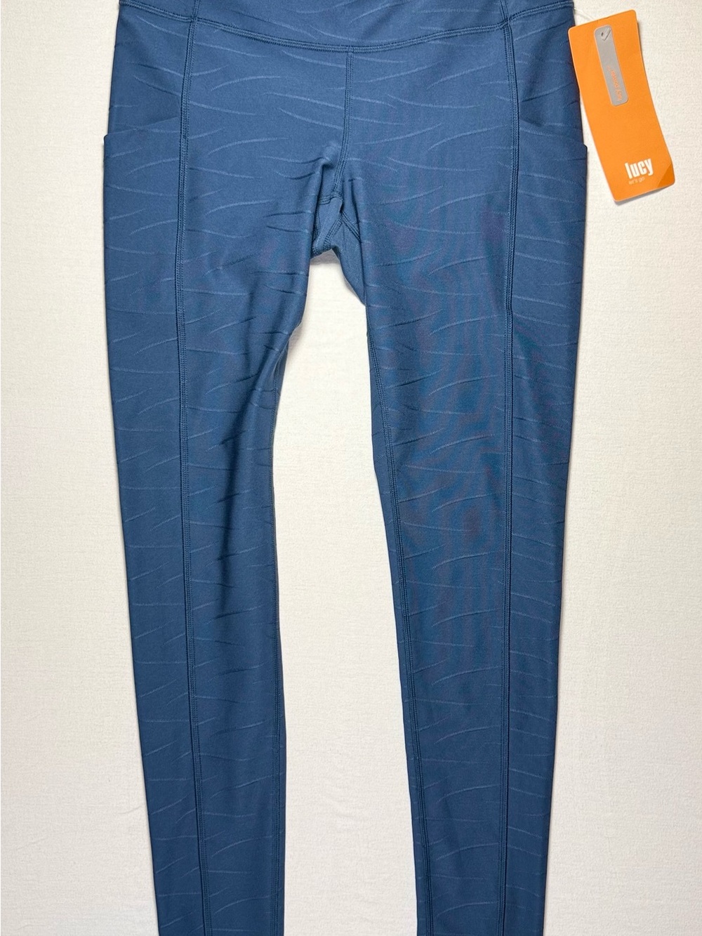 Lucy Navy Blue Athletic Leggings with Subtle Wave Pattern